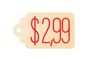 Handwritten $2.99 brown cardboard price tag. Label on white background. Black friday concept.