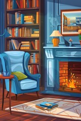 A comfortable living room with a warm fireplace and a blue chair, suitable for family gatherings or cozy nights in