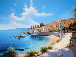 Fototapeta premium view of the old town on the beach