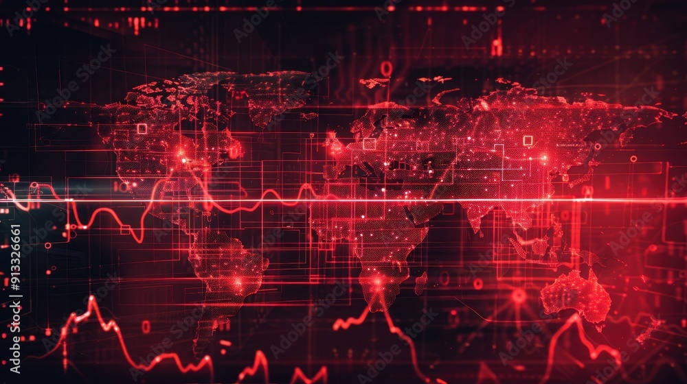 Poster Digital World Map with Red Lines and Data