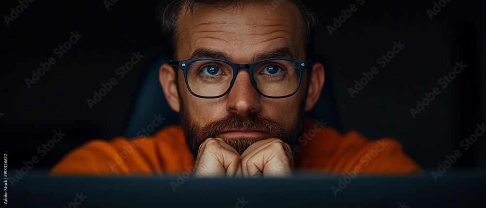 Poster data scientist feeling focused and motivated while analyzing big data in the cloud, symbolizing inno