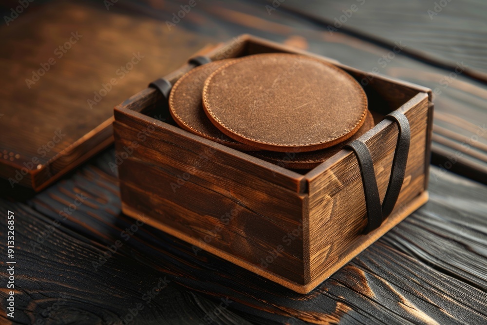 Poster A wooden box containing two coasters, great for storing small items or using as a decorative accent
