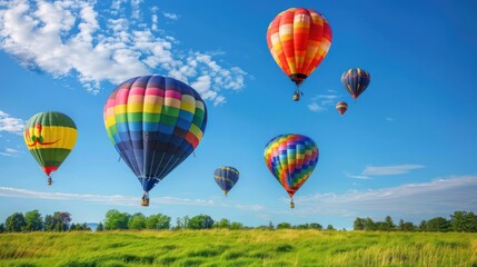 Fototapeta premium Colorful Hot Air Balloons Soaring Through a Blue Sky