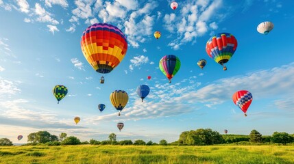 Fototapeta premium Colorful Hot Air Balloons Soaring in a Blue Sky with White Clouds