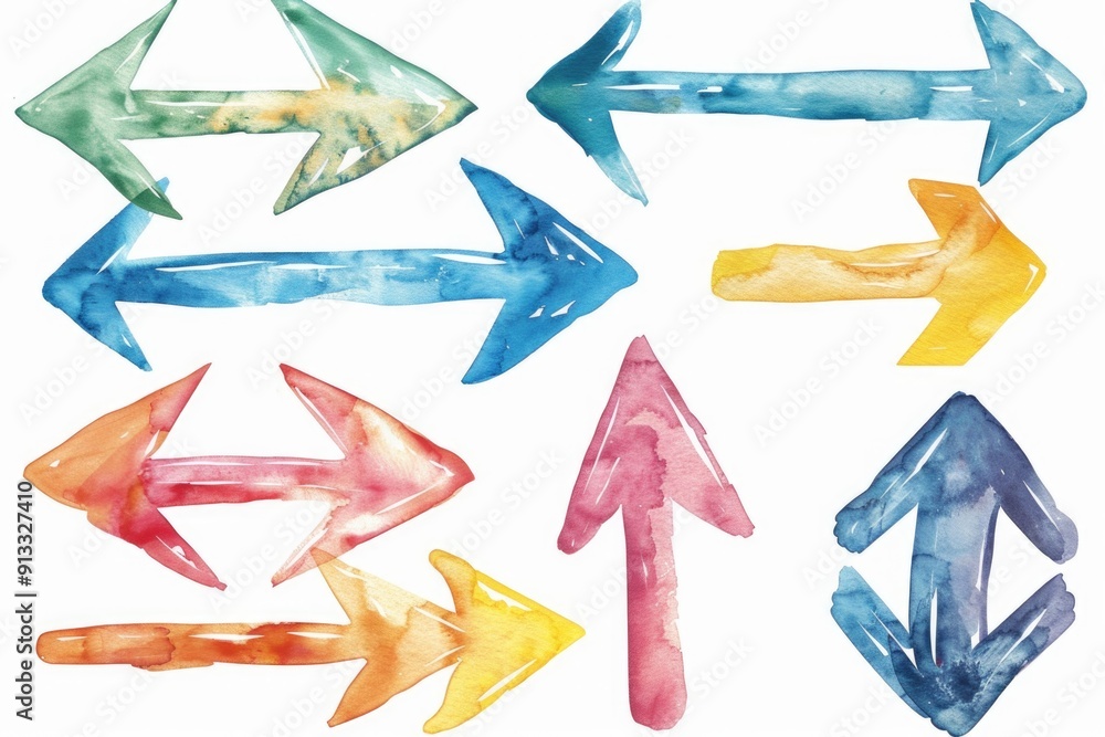Poster a collection of colorful arrows painted with watercolor techniques, great for illustrating direction