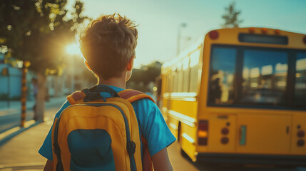 children standing in front of a yellow school bus for their first day of school. Group of young students boarding a yellow school bus on a sunny day, marking the beginning of a new school year