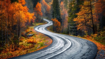 Obraz premium Winding road with autumn colors in the mountain wilderness generative ai