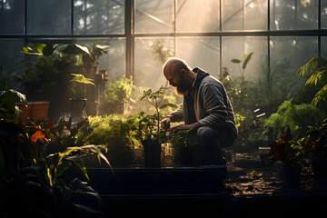 Fototapeta premium photo of a gardener working in a greenhouse, working in a greenhouse gardener