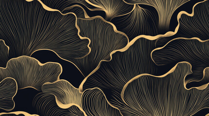 Seamless gold oyster mushroom line art wallpaper pattern. Luxury natural hand drawn oyster mushroom pattern design in minimalist linear contour style for fabric, wallcovering, banner, invitation.