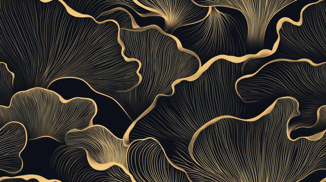 Seamless gold oyster mushroom line art wallpaper pattern. Luxury natural hand drawn oyster mushroom pattern design in minimalist linear contour style for fabric, wallcovering, banner, invitation.