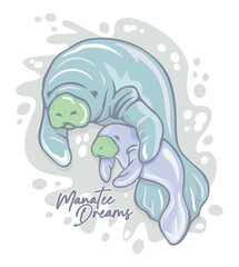 Illustration of a manatee, mother and her calf. Art with delicate lines.