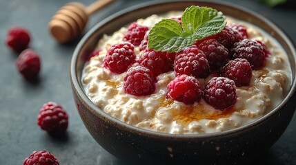 Oatmeal with Raspberries, Honey, and Mint Garnish