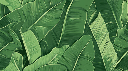 Fototapeta premium Seamless green banana leaf line art wallpaper pattern. Luxury hand drawn foliage pattern design in minimalist delicated linear contour simple style. Design for fabric, cover, banner