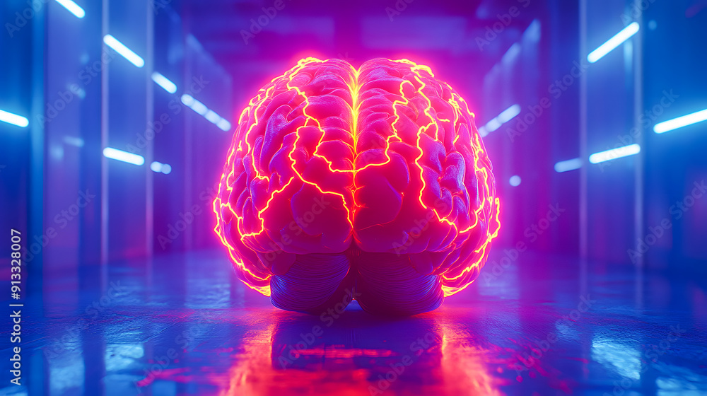 Poster futuristic digital of a glowing pulsing brain composed of colorful neon neural pathways and synaptic