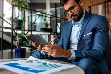 A confident businessman analyzing financial charts on a digital tablet in a modern office setting