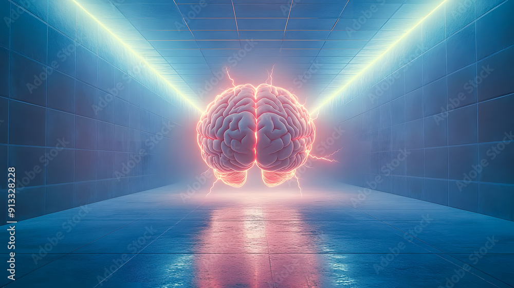 Poster glowing brain in a futuristic digital landscape with rays of light emanating from it representing th