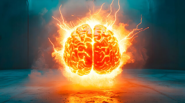 Exploding Brain   Powerful Conceptual of the Destructive Force of the Mind  A digital 3D rendering depicting the brain as a source of intense energy and explosive power