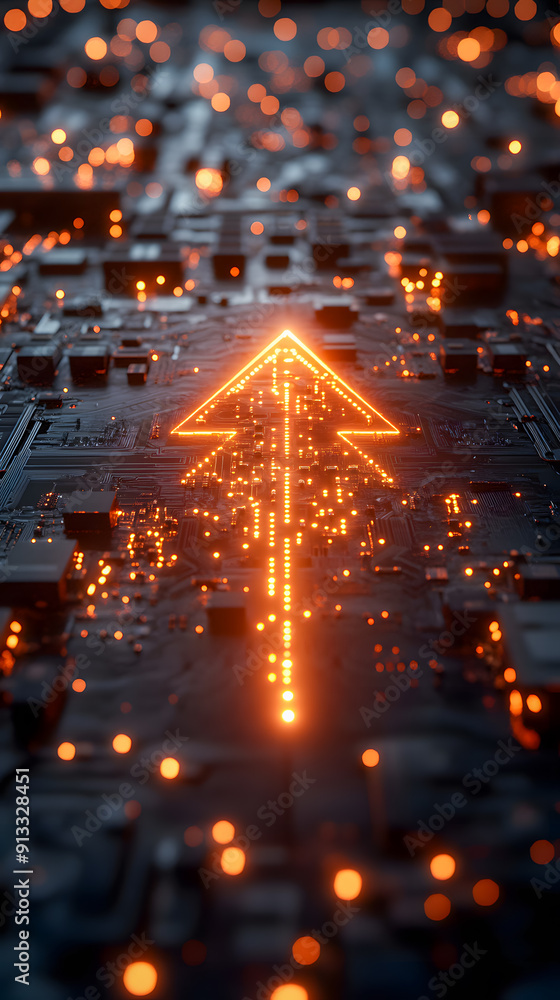 Poster glowing digital circuit board with bright neon arrow pointing up high tech futuristic concept of tec