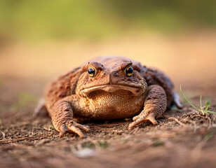 Obraz premium Closeup of small brown pelobates cultripes toad with big eyes sitting on ground against blurred nature background
