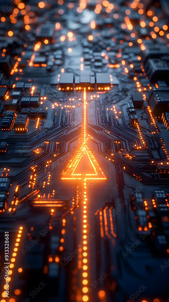 Poster futuristic digital cityscape with glowing circuit board patterns and illuminated transportation infr