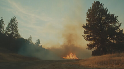 Fototapeta premium Forest fire, wildfire forest landscape natural disaster background banner panorama. Burning flames with smoke development and black silhouette of forest trees.