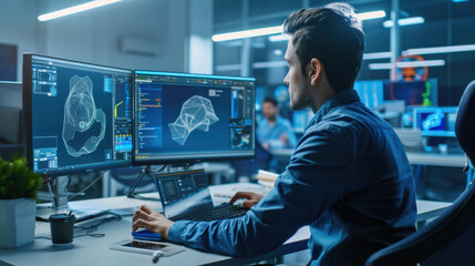 Product designer using 3D modeling software in a high-tech office.