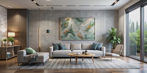 Modern living room with minimalist decor and a large artwork on the wall, modern, living room, minimalist decor, large artwork