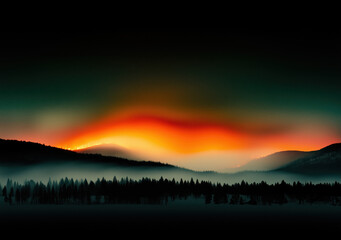 Forest fire, wildfire forest landscape natural disaster background banner panorama. Burning flames with smoke development and black silhouette of forest trees. cinematic artsy film style