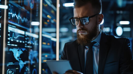 Fototapeta premium Professional businessman managing quality assurance and certification in automation