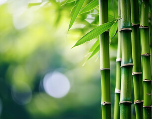 Close-up of vibrant green bamboo stalks with natural foliage background.