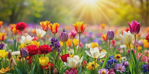 Fototapeta premium of vibrant spring flowers blooming , spring, colorful, flowers,vibrant, blooming, garden, petals, floral, bright, seasonal