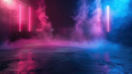 A dark, smoky room illuminated by pink and blue neon lights. The lights create a dramatic, ethereal atmosphere.