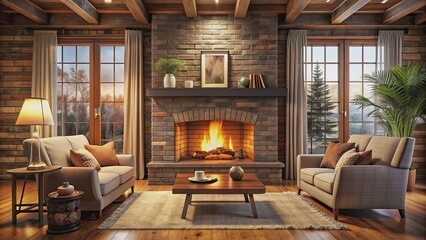 Cozy living room with roaring fireplace , cozy, warm, inviting, spacious, comfortable, interior design, home decor