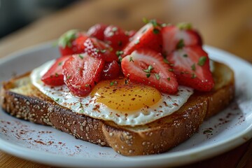 Toast With Fried Egg and Fresh Strawberries