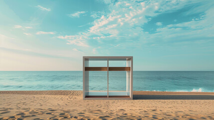 Promotional stand on a beach with a calm sea and golden sand.