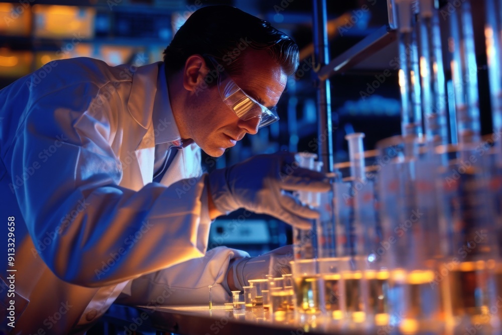 Poster a scientist in a laboratory analyzing samples and conducting experiments