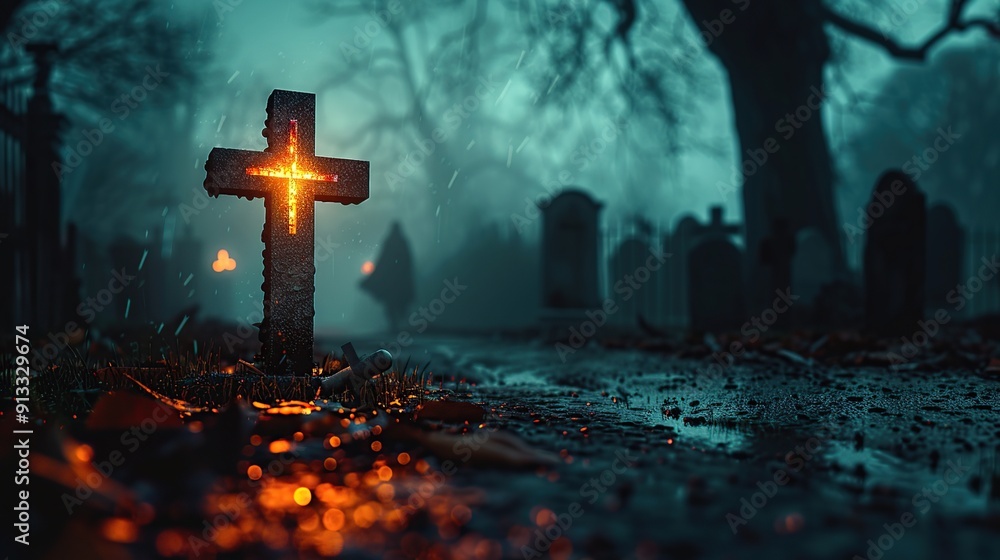 Canvas Prints Glowing Cross in a Mysterious Cemetery