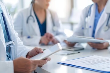 A team of medical professionals in white coats discussing patient care strategies
