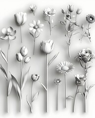 Delicate Floral Arrangement with Refined Linework and Shading on Plain White Background