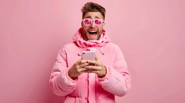 Pink Paradise: Overjoyed man in pink attire and heart-shaped sunglasses reacts with surprise and delight to his phone against a vibrant pink backdrop. 