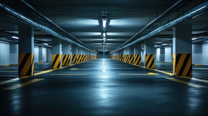 Empty Parking Garage with Fluorescent Lighting