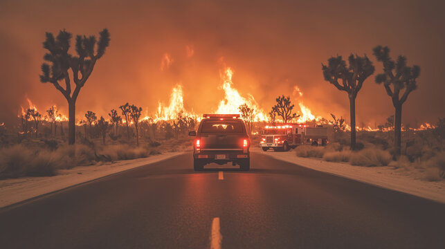 Fire truck driving toward wildfire forest fire landscape natural disaster background banner panorama. Burning flames with smoke development and black silhouette of forest trees
