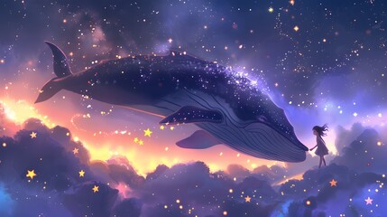 Celestial Connection: A young girl reaches for the fin of a majestic whale soaring through a starlit sky, capturing the magic of dreams and boundless imagination. 