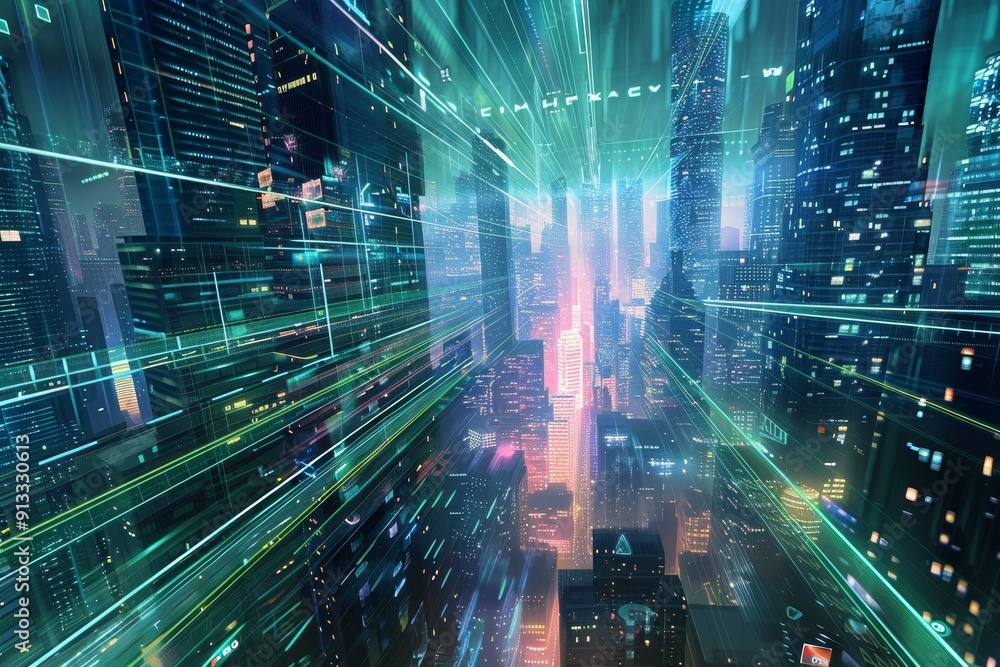 Poster a futuristic cityscape with data streams flowing through virtual skyscrapers