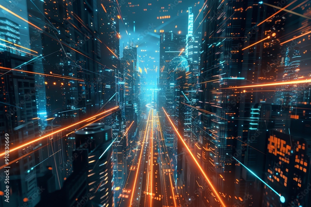 Poster a futuristic cityscape with data streams flowing through virtual skyscrapers