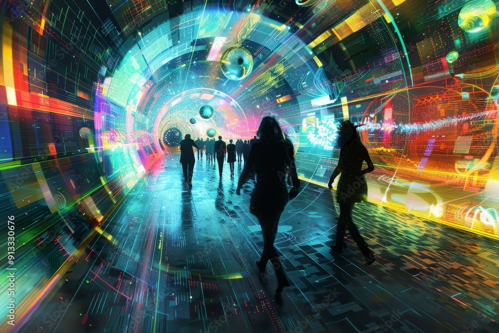 Aufkleber digital avatars navigating through a vibrant and dynamic virtual world