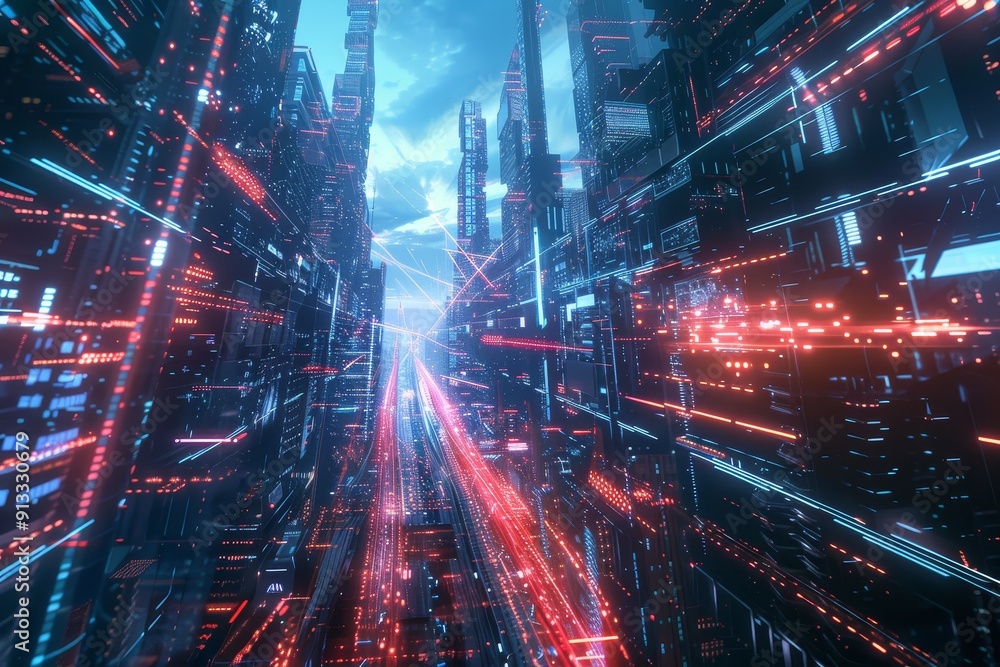 Poster a futuristic cityscape with data streams flowing through virtual skyscrapers