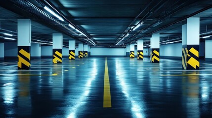 Empty Parking Garage with Bright Fluorescent Lights