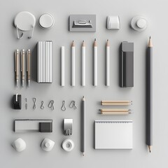 Meticulously Organized Office Essentials in Minimalist 3D Rendered Composition
