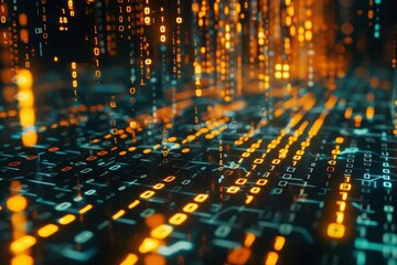 Obraz premium Binary code streaming across a dark background, symbolizing digital communication
